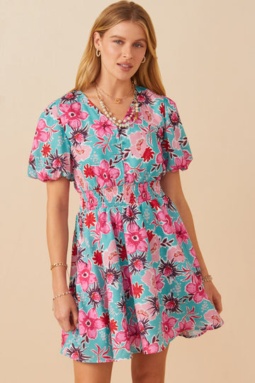 HY7933W Mint Plus Floral Print Smocked Waist Button Dress Front